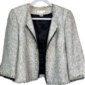 WHBM Tweed Fringe Jacket Black White 3/4 Sleeves Sz 12